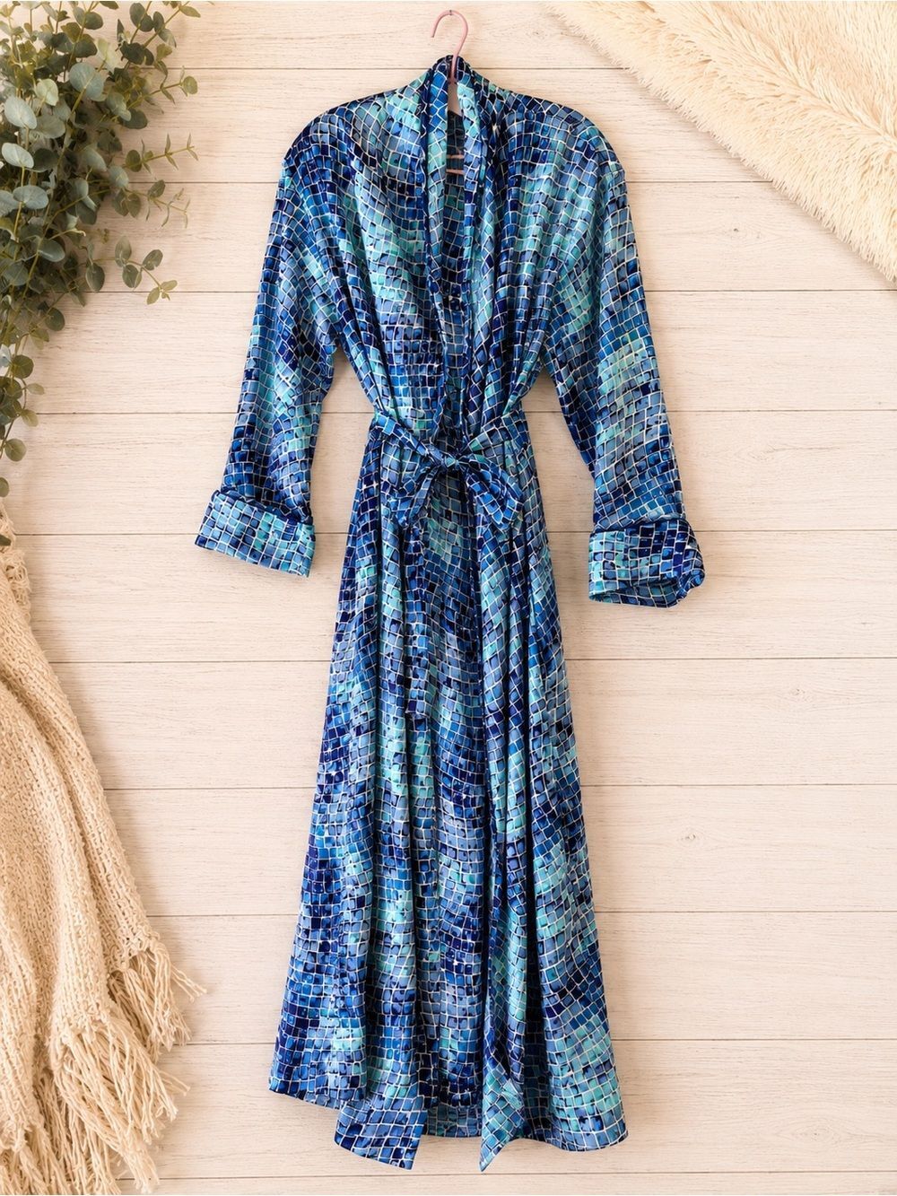 Vintage Victoria’s Secret Blue Mosaic Print Cover-Up Robe XS/S Beach Pool Lounge